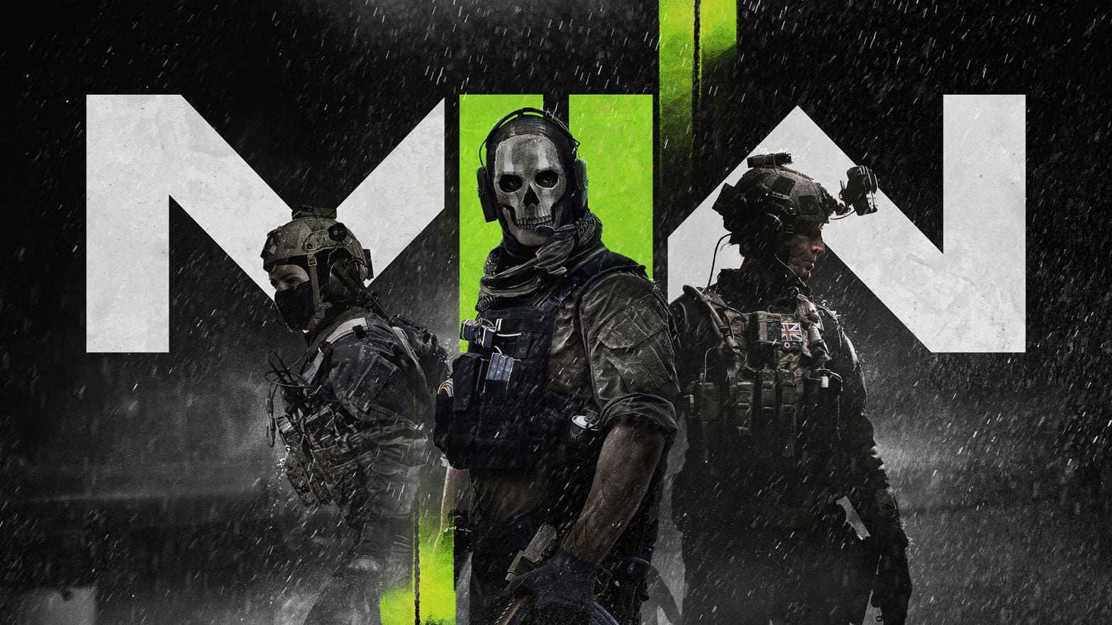 3 soldiers in battle gear standing Infront of modern warfare 2 logo
