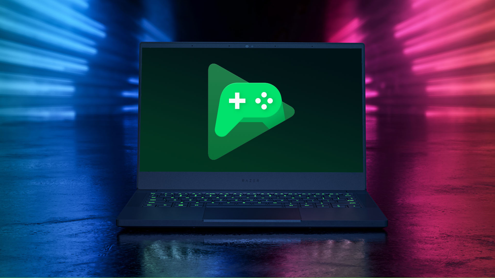 A laptop displaying google play games logo