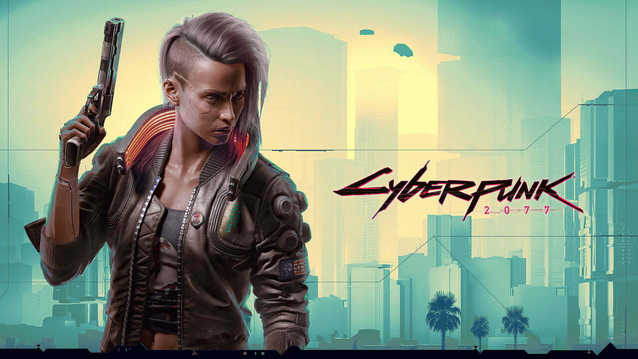 A girl holding a gun with cyberpunk background