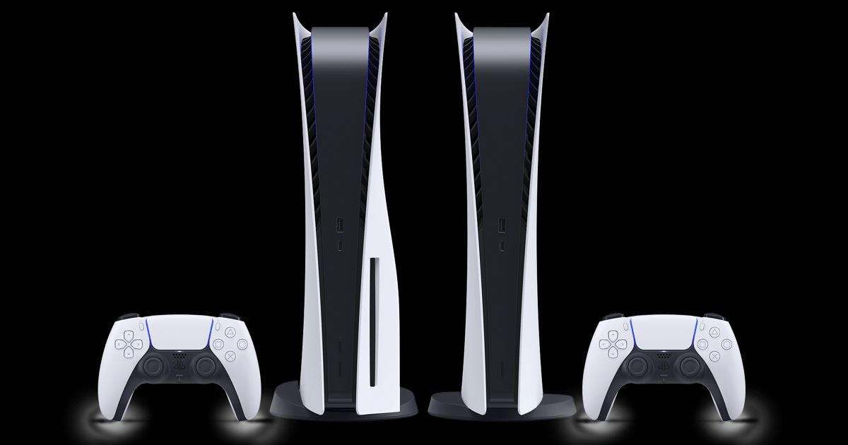 Two PlayStation 5's and PlayStation controllers kept vertically on a platfrom